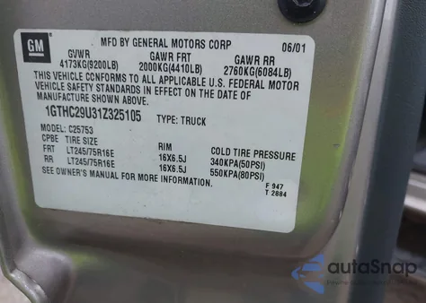 2001 GMC Sierra 2500Hd Sle из США, поврежденный, VIN 1GTHC29U31Z325105